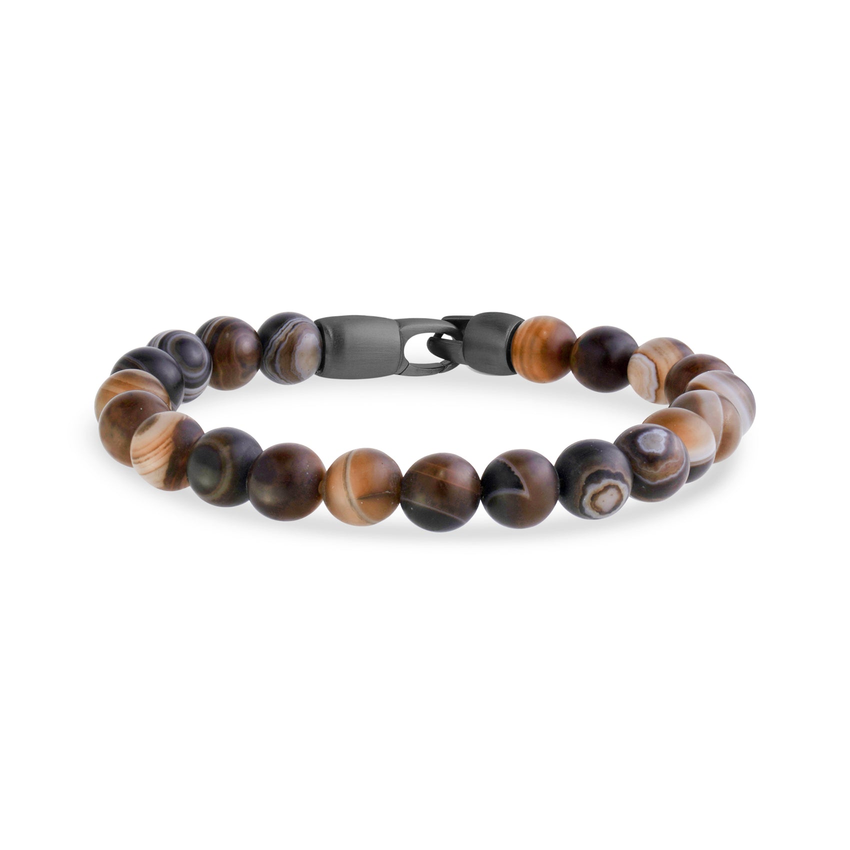 Sardonyx beaded bracelet with matte gunmetal steel clasp displayed on white background