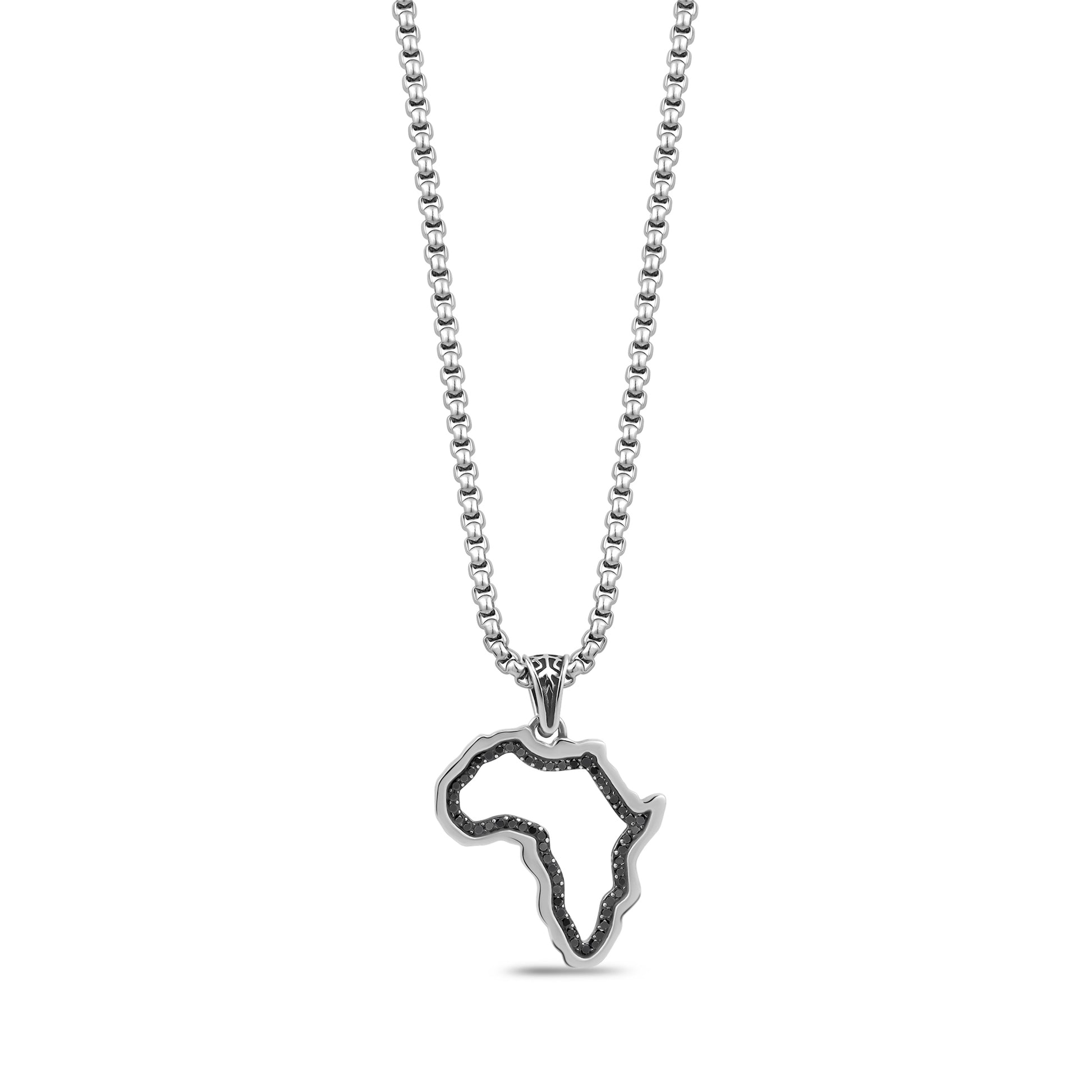 Silver stainless steel Africa map pendant on a 22-inch round box chain with black cubic zirconia stones.