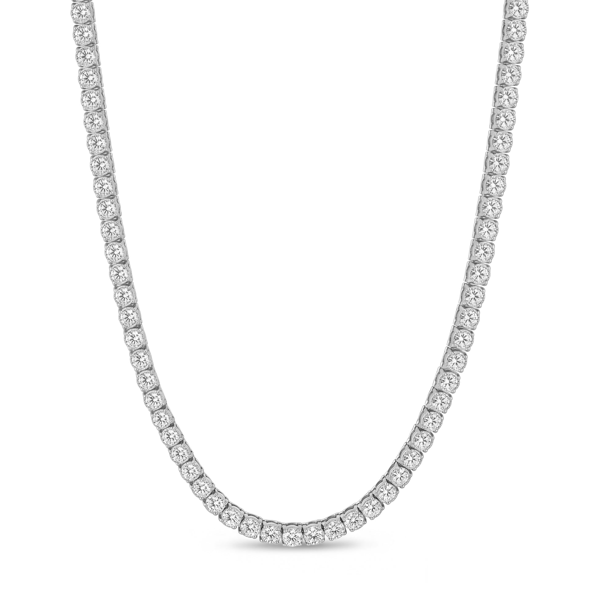 Close-up view of a stainless steel tennis necklace with cubic zirconia stones
