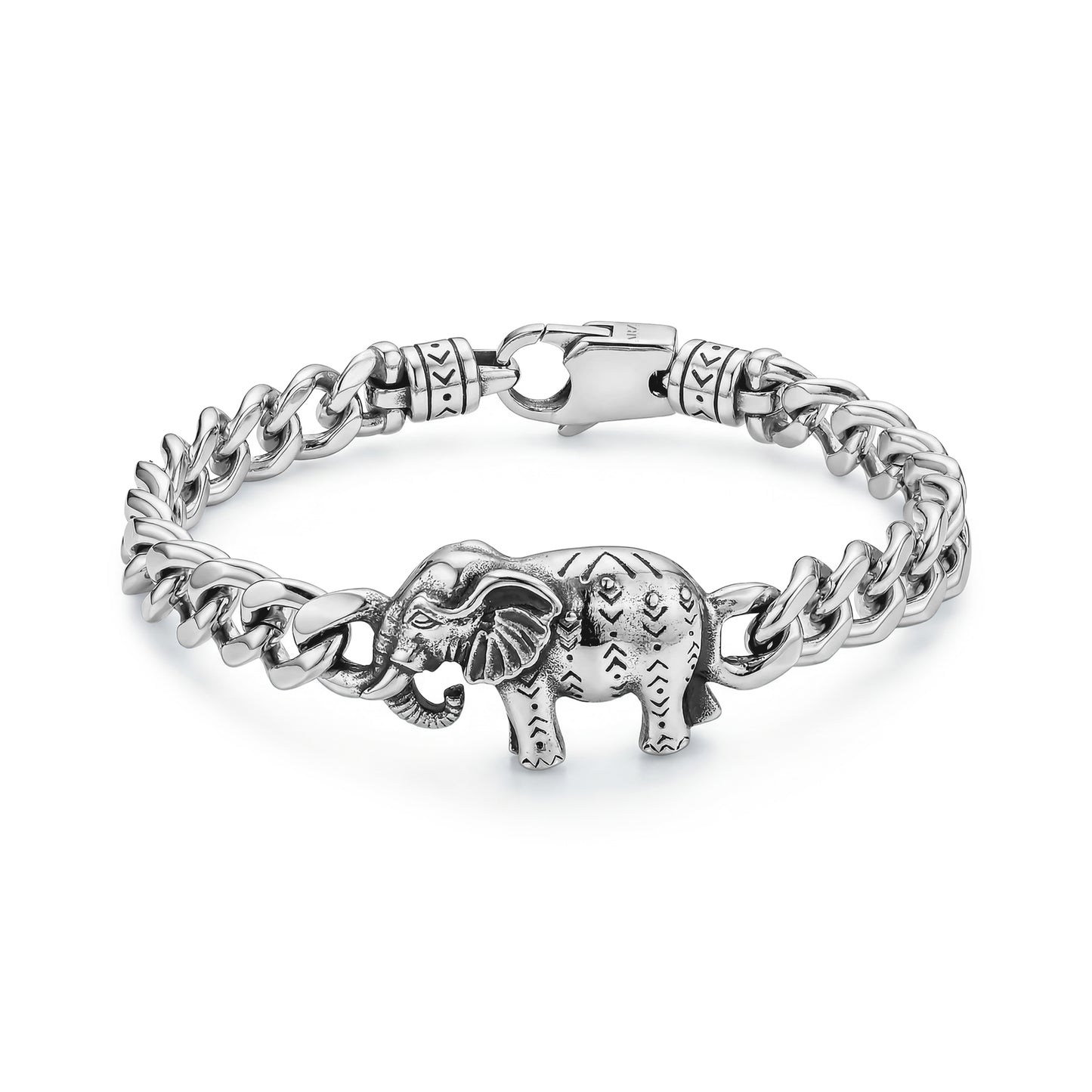 Close-up of Savannah Elephant men's bracelet featuring an 8mm curb chain and detailed elephant charm in stainless steel