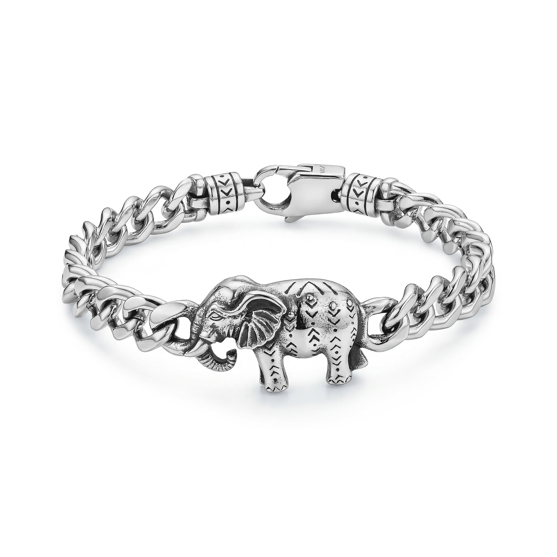 Close-up of Savannah Elephant men's bracelet featuring an 8mm curb chain and detailed elephant charm in stainless steel