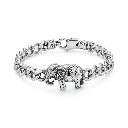 Close-up of Savannah Elephant men's bracelet featuring an 8mm curb chain and detailed elephant charm in stainless steel
