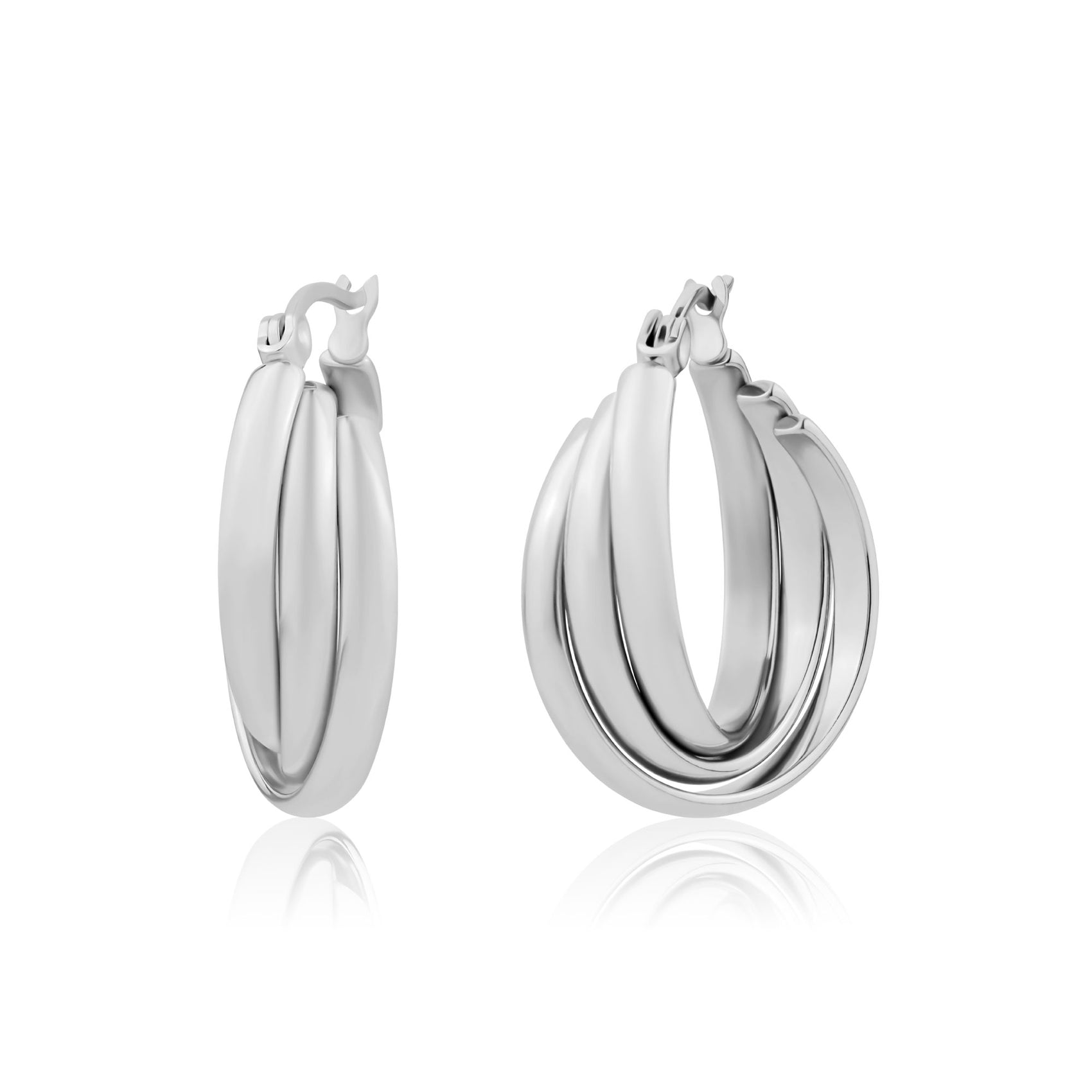 Silver triple twisted hoop earrings with polished stainless steel finish and secure clasp