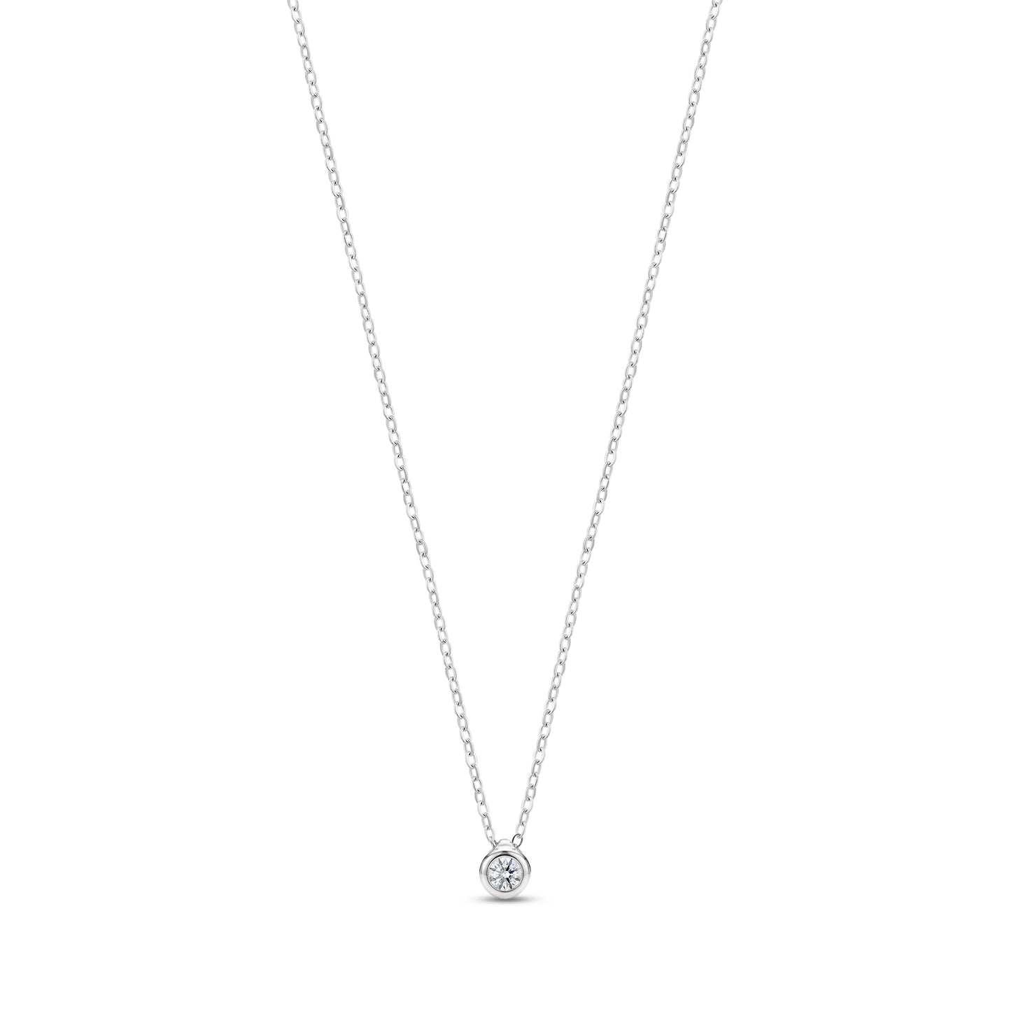 Silver minimalist bezel set solitaire pendant necklace with cubic zirconia on adjustable chain