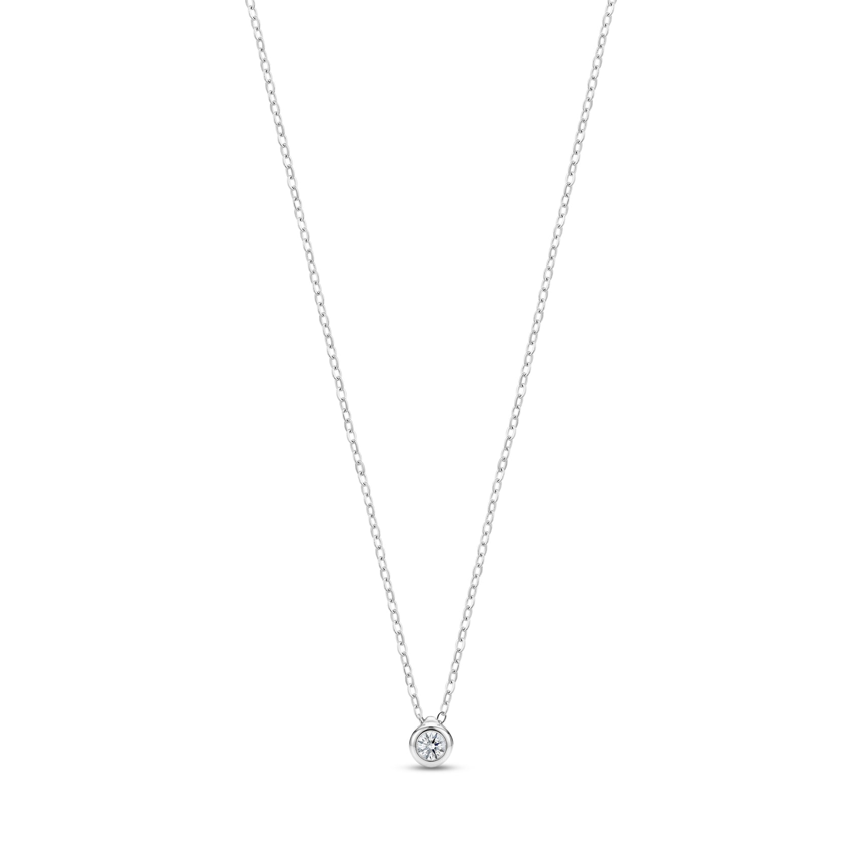 Silver minimalist bezel set solitaire pendant necklace with cubic zirconia on adjustable chain