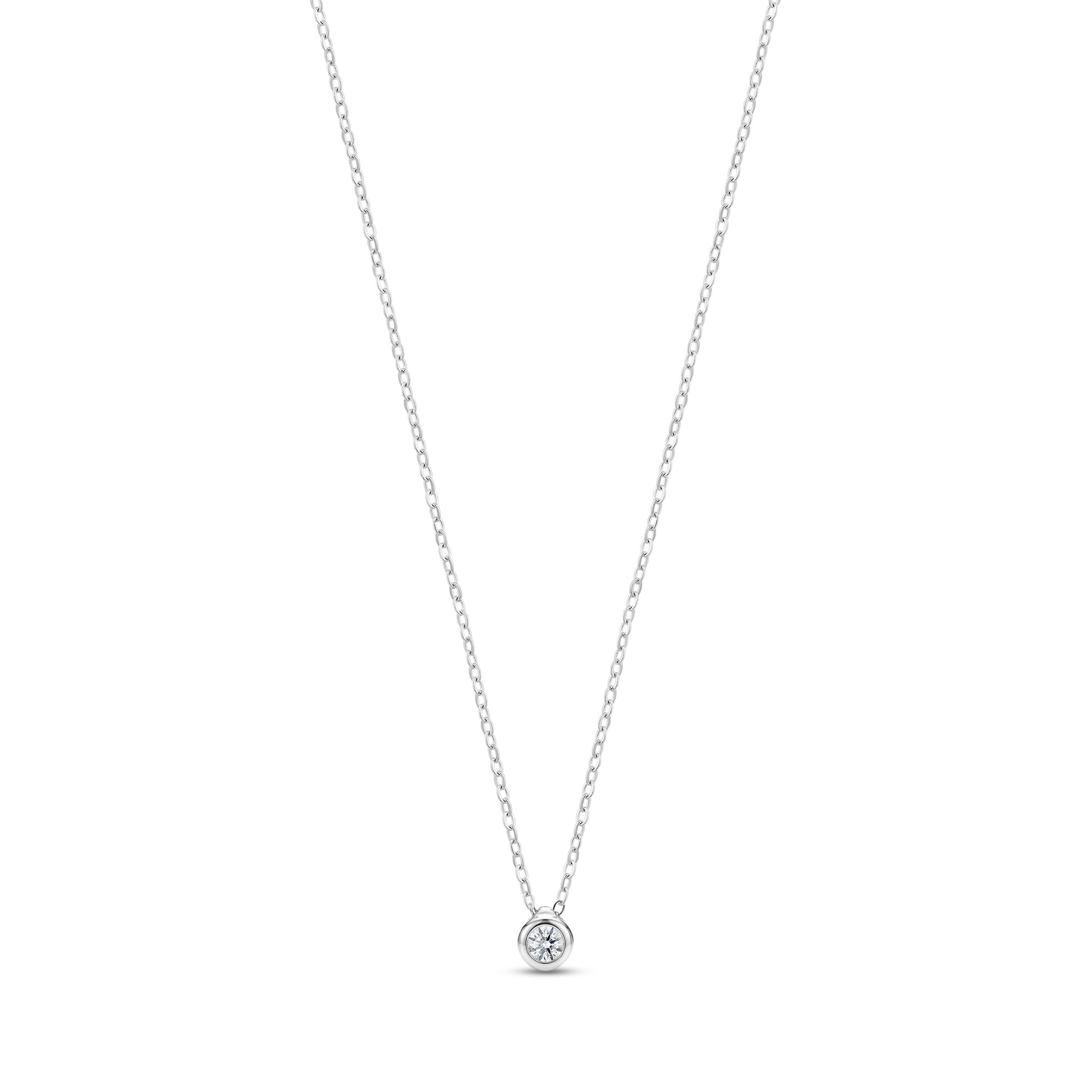 Silver minimalist bezel set solitaire pendant necklace with cubic zirconia on adjustable chain