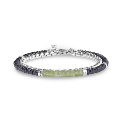 Double row bracelet with stainless steel box chain and faceted black hematite beads accented by green cyan beads on white background