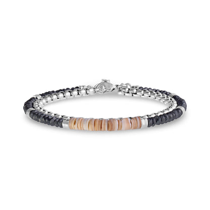 Double row round box stainless steel bracelet with faceted hematite beads and shell beads