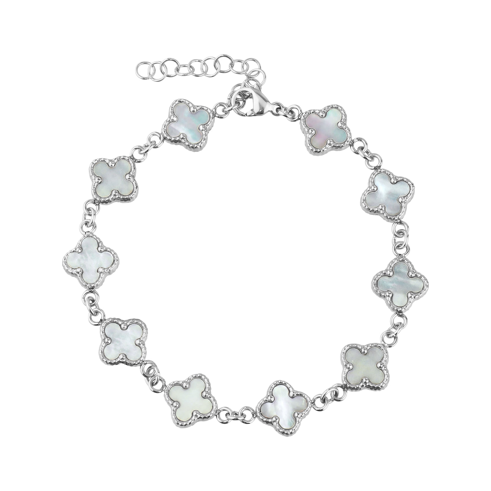 Close-up of mother of pearl clover bracelet in stainless steel with chain and lobster clasp