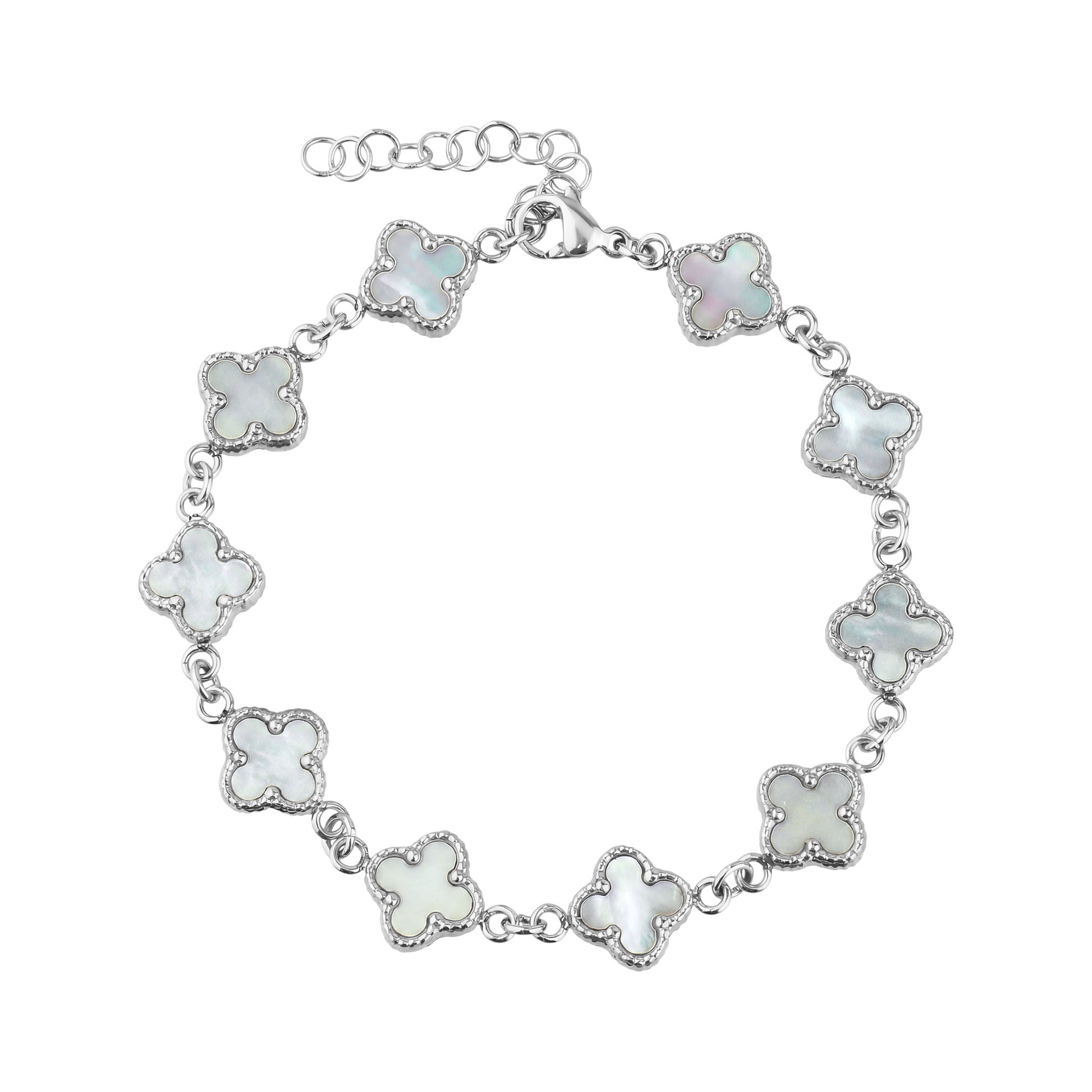Close-up of mother of pearl clover bracelet in stainless steel with chain and lobster clasp