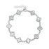 Close-up of mother of pearl clover bracelet in stainless steel with chain and lobster clasp