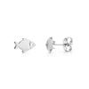Silver stainless steel minimal fish-shaped stud earrings front and side view