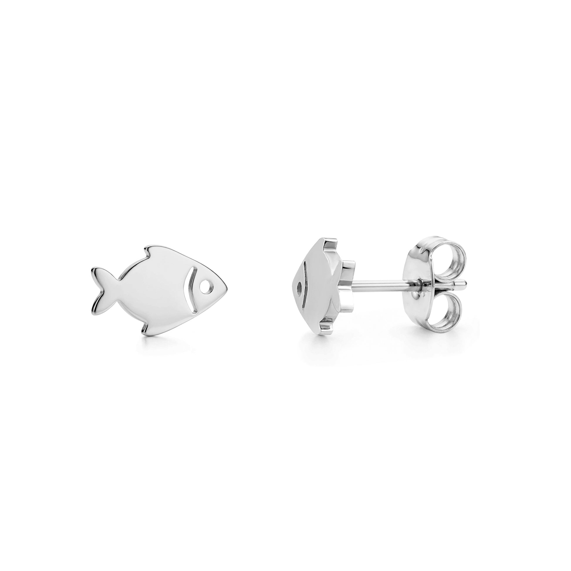 Silver stainless steel minimal fish-shaped stud earrings front and side view