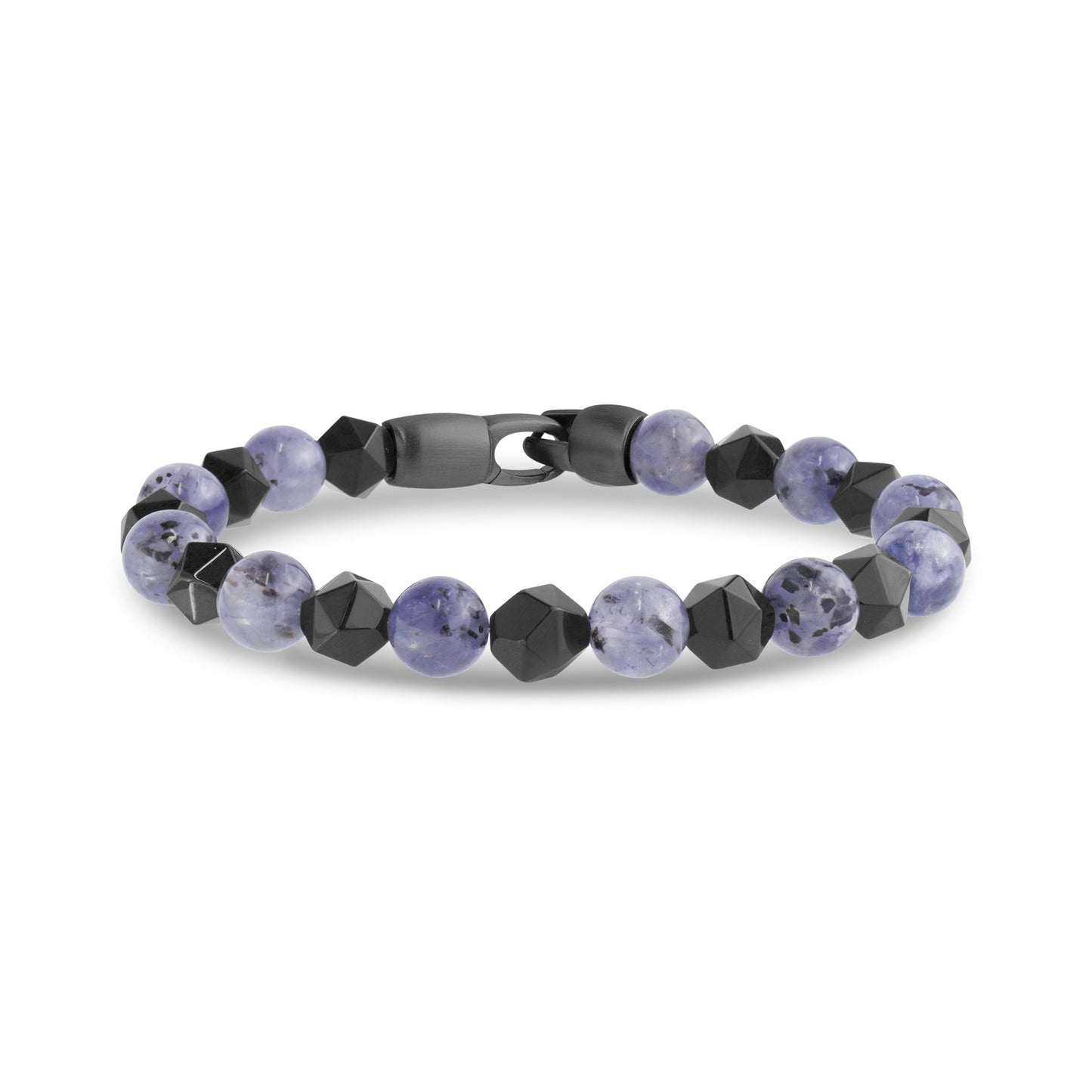 Close-up view of 8mm round iolite and black faceted bead bracelet with matte gunmetal clasp