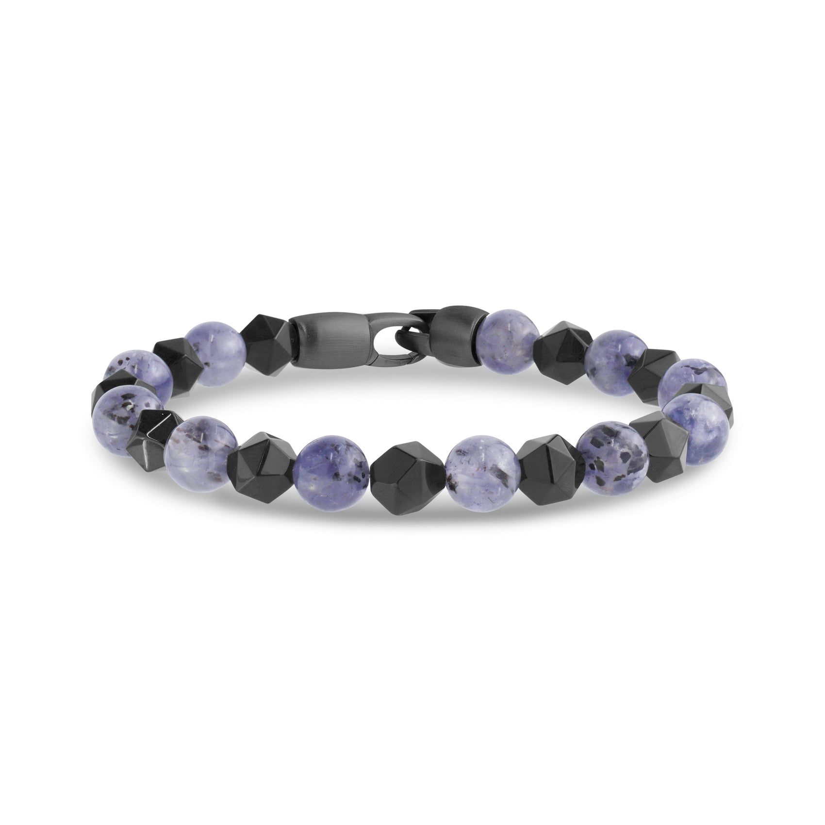 Close-up view of 8mm round iolite and black faceted bead bracelet with matte gunmetal clasp
