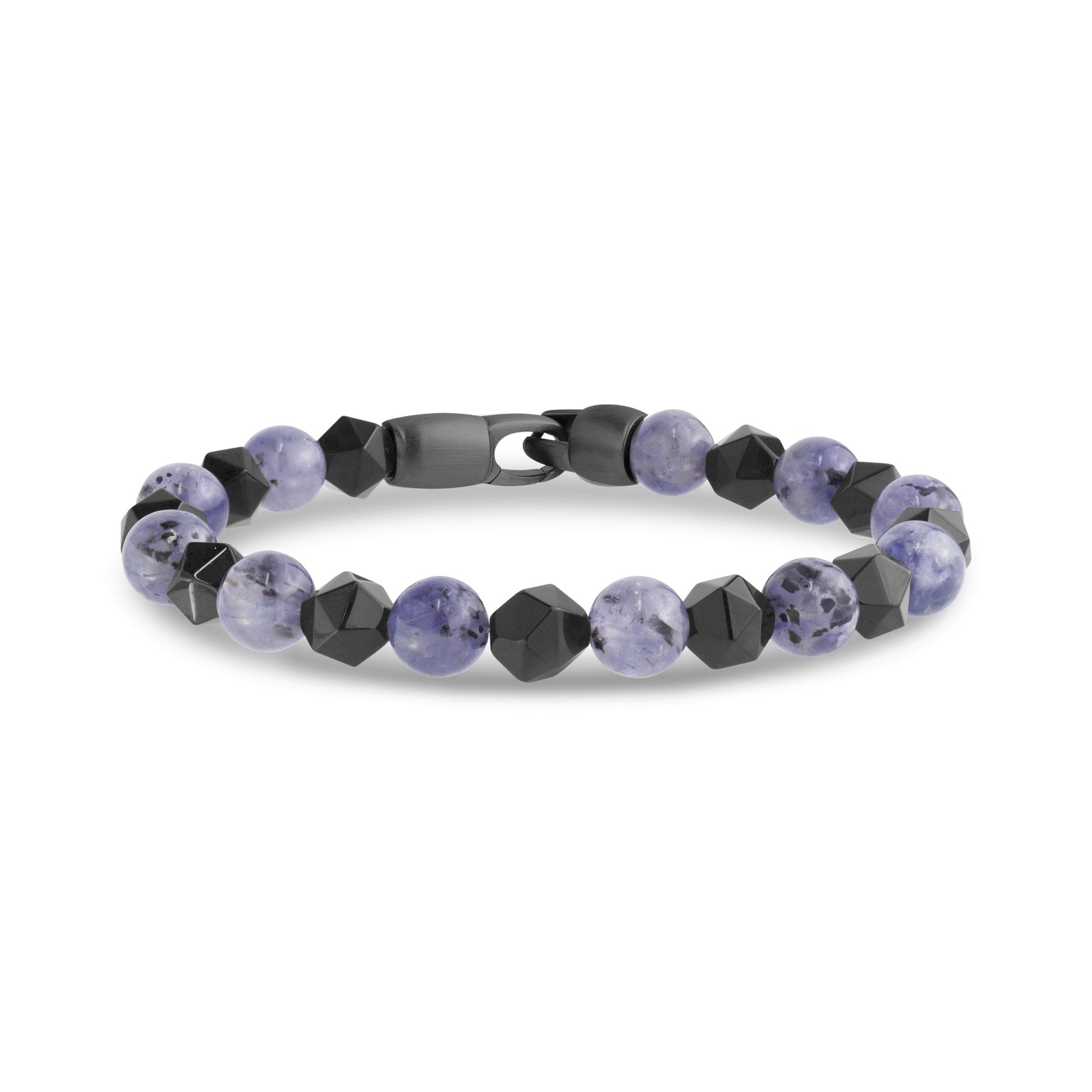 Close-up view of 8mm round iolite and black faceted bead bracelet with matte gunmetal clasp
