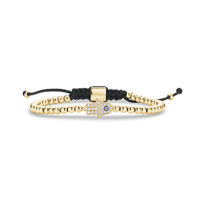 Gold stainless steel Hamsa hand bracelet with cubic zirconia stones and black adjustable cord