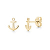 Gold stainless steel anchor-shaped stud earrings, 8mm wide, shown front and back view