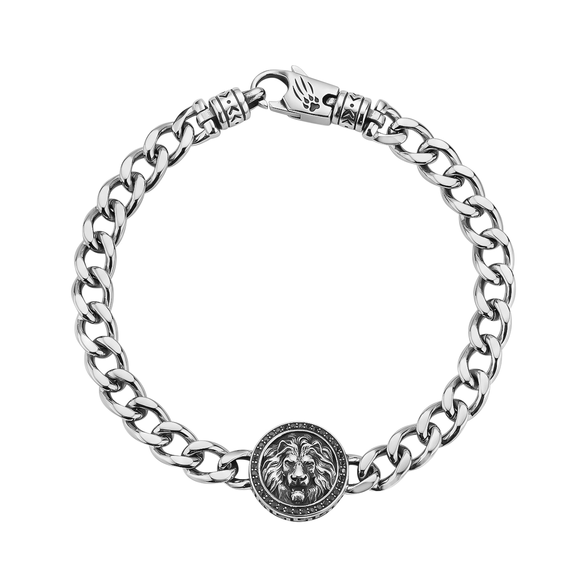 Top view of men's stainless steel lion bracelet showcasing the Greek key design on the sides and secure clasp