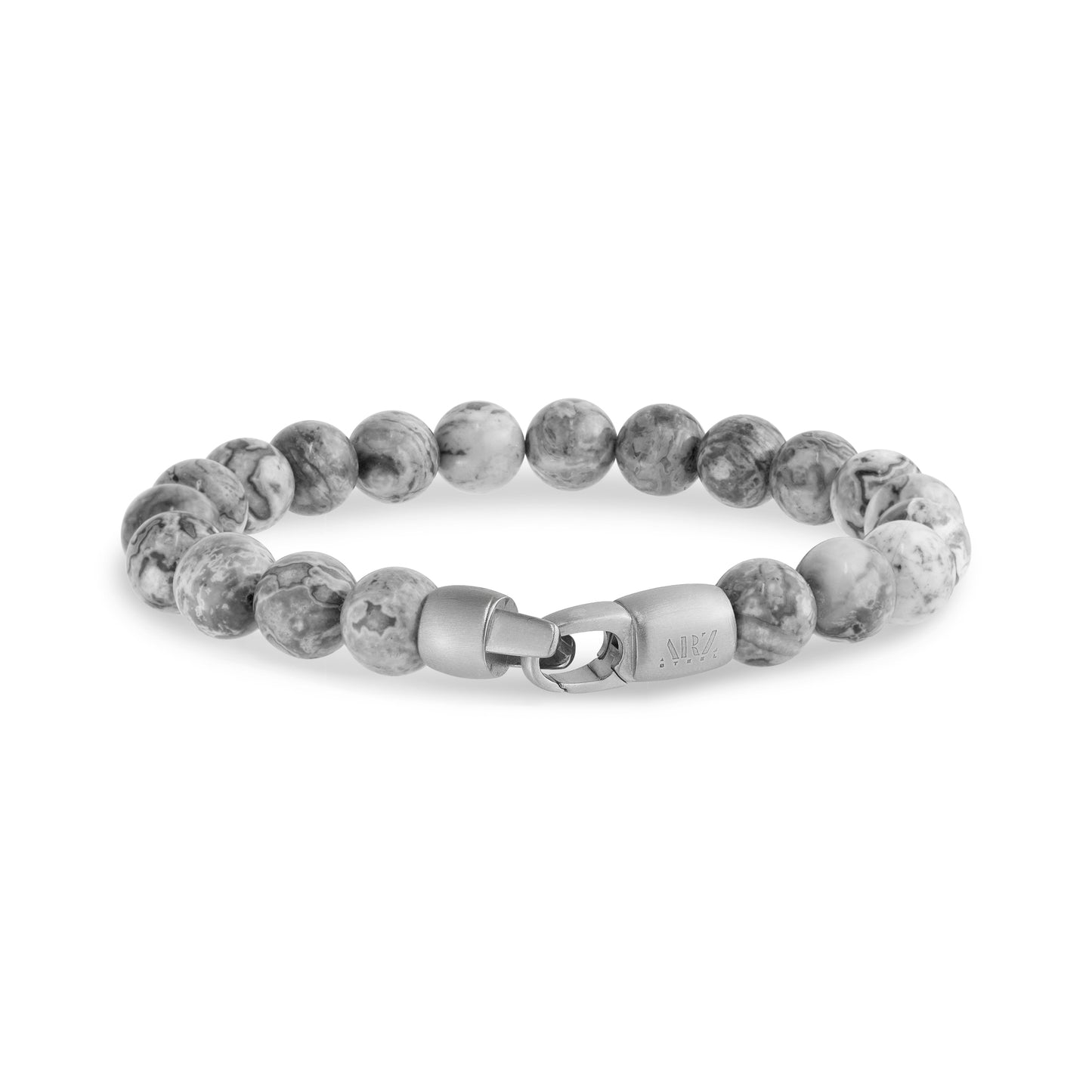 Close-up of grey jasper stone bracelet showing matte steel clasp engraved with brand logo
