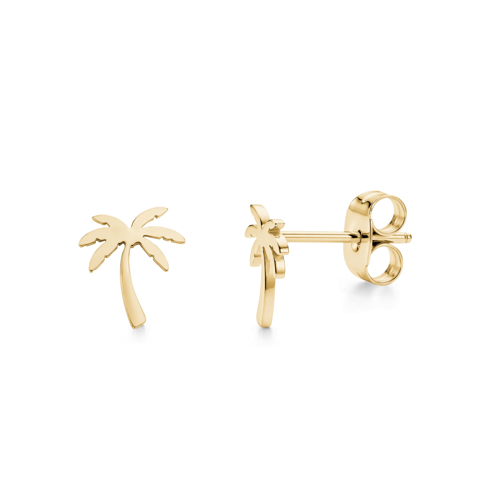 Gold minimal palm tree stud earrings showing front and side view