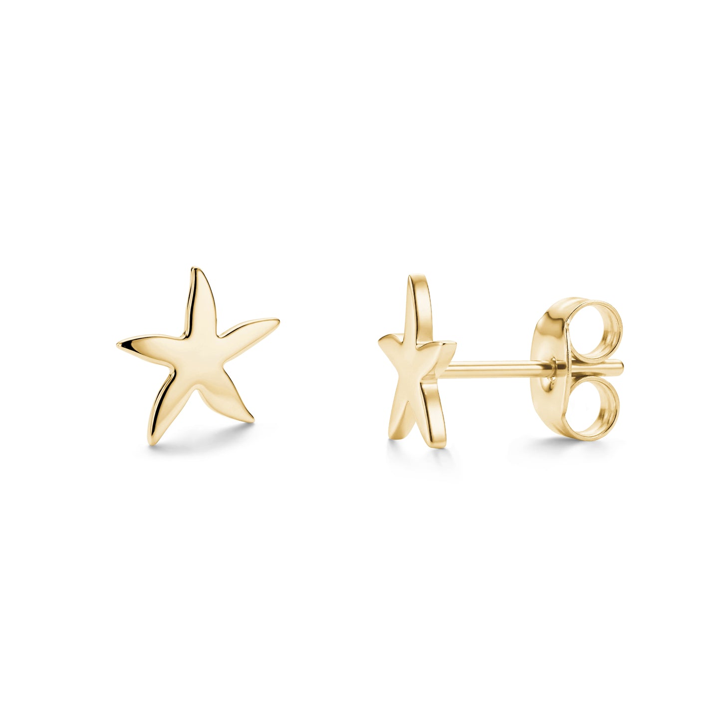 Gold starfish stud earrings made of polished stainless steel, showing front and side views.