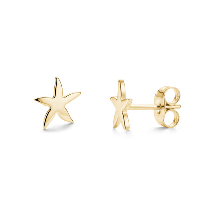 Gold starfish stud earrings made of polished stainless steel, showing front and side views.
