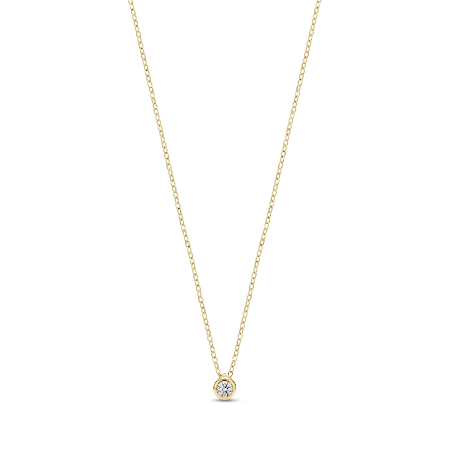 Gold minimalist bezel set solitaire pendant necklace with cubic zirconia on adjustable chain