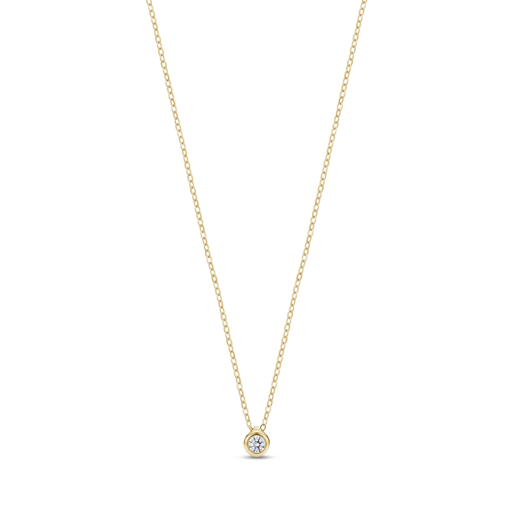 Gold minimalist bezel set solitaire pendant necklace with cubic zirconia on adjustable chain