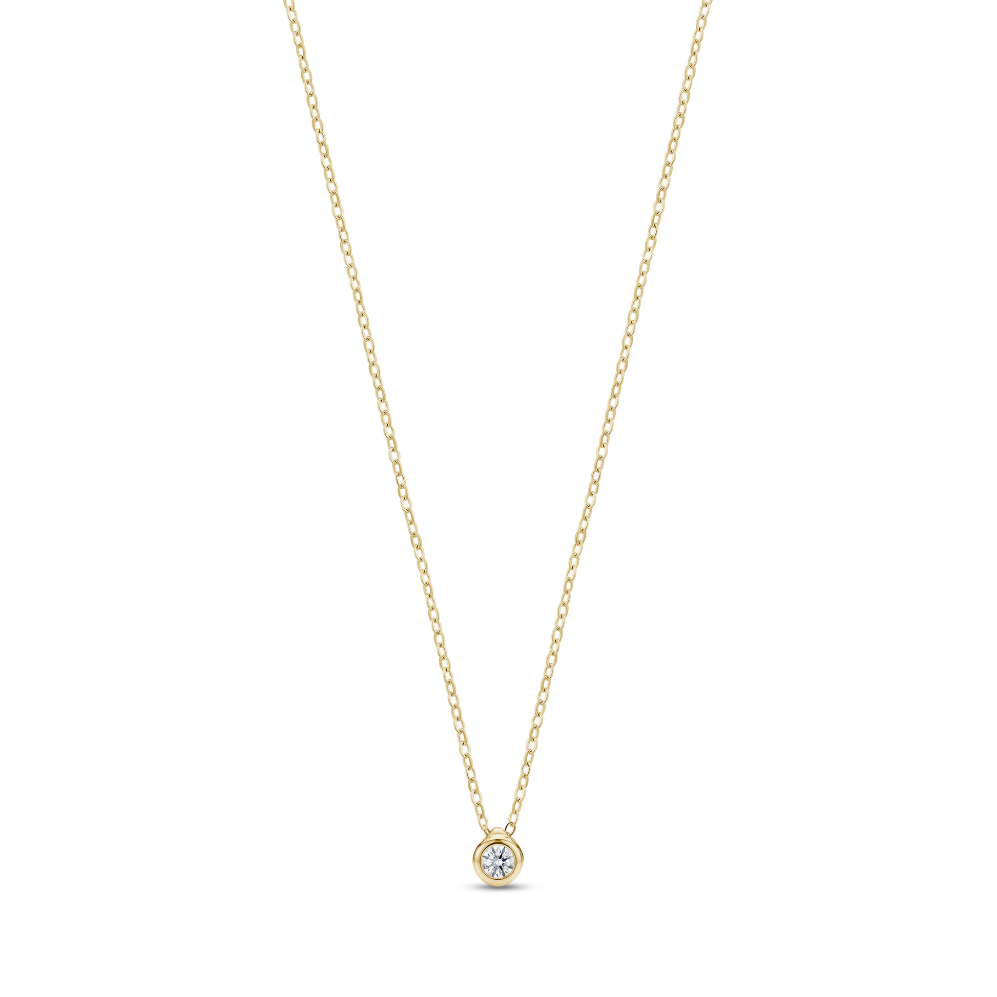 Gold minimalist bezel set solitaire pendant necklace with cubic zirconia on adjustable chain
