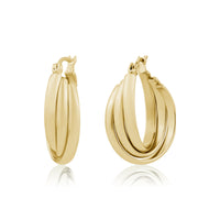 Gold triple twisted hoop earrings with polished stainless steel finish and secure clasp