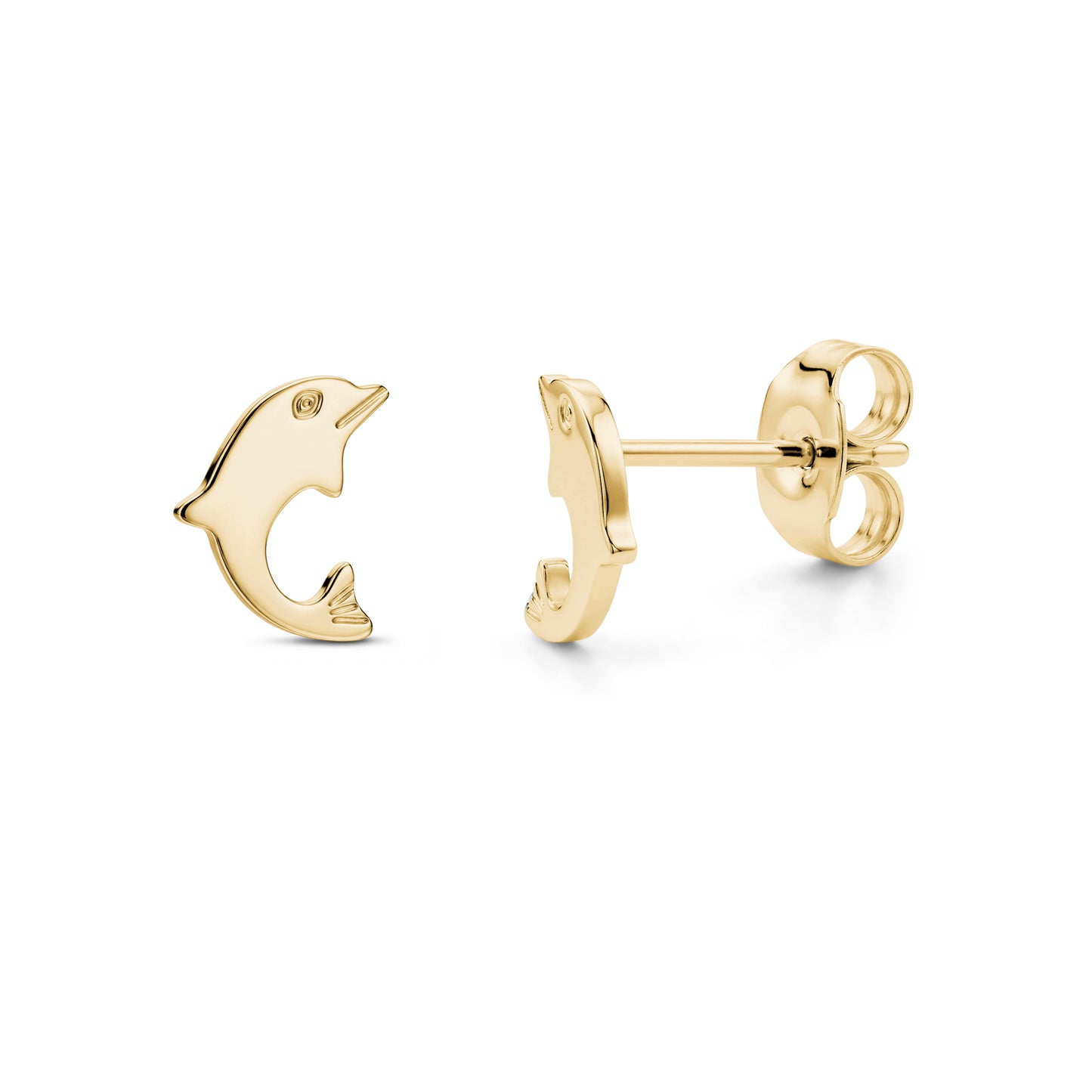 Gold stainless steel minimal dolphin stud earring front and side view