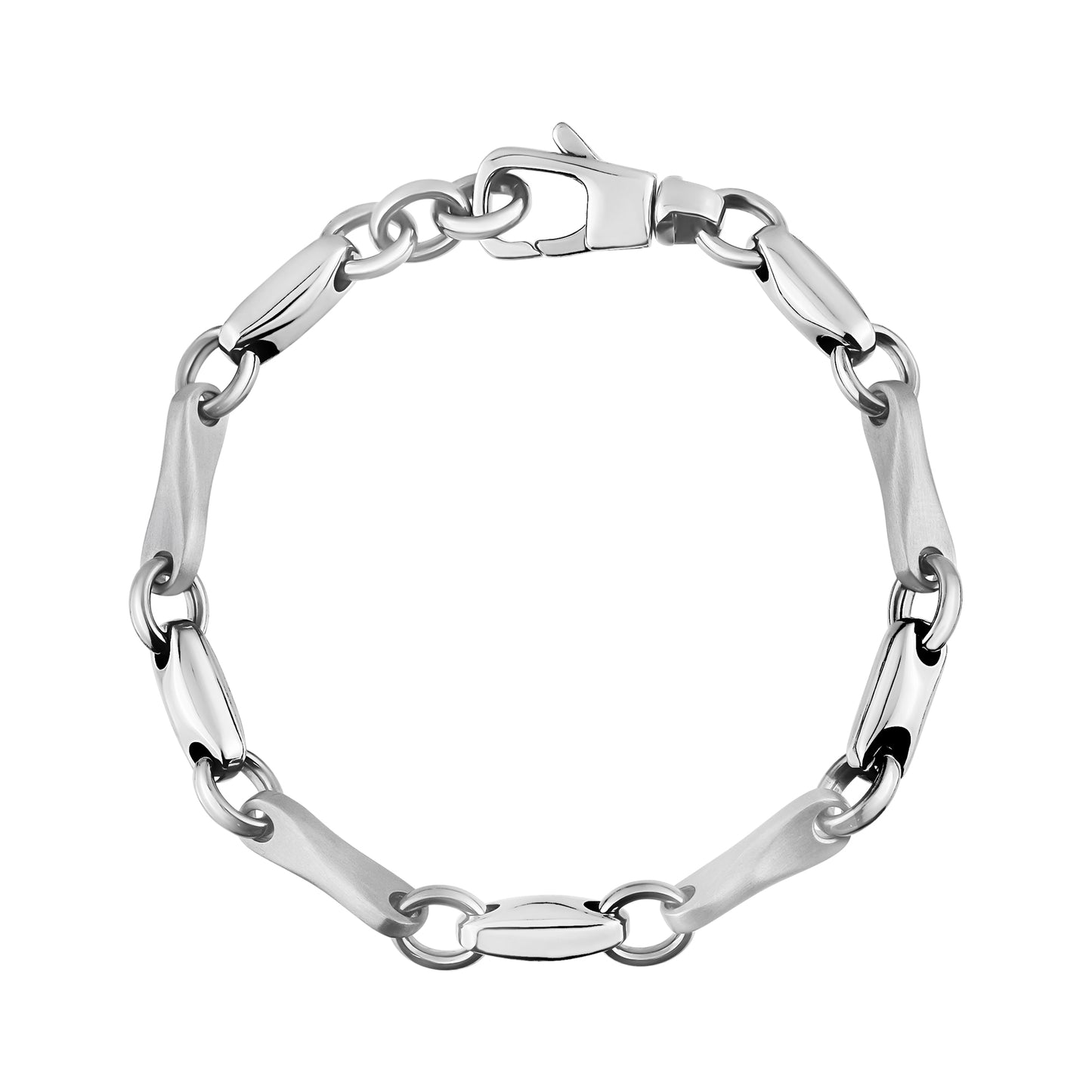 Titan Link Bracelet in stainless steel on white background, top-down view