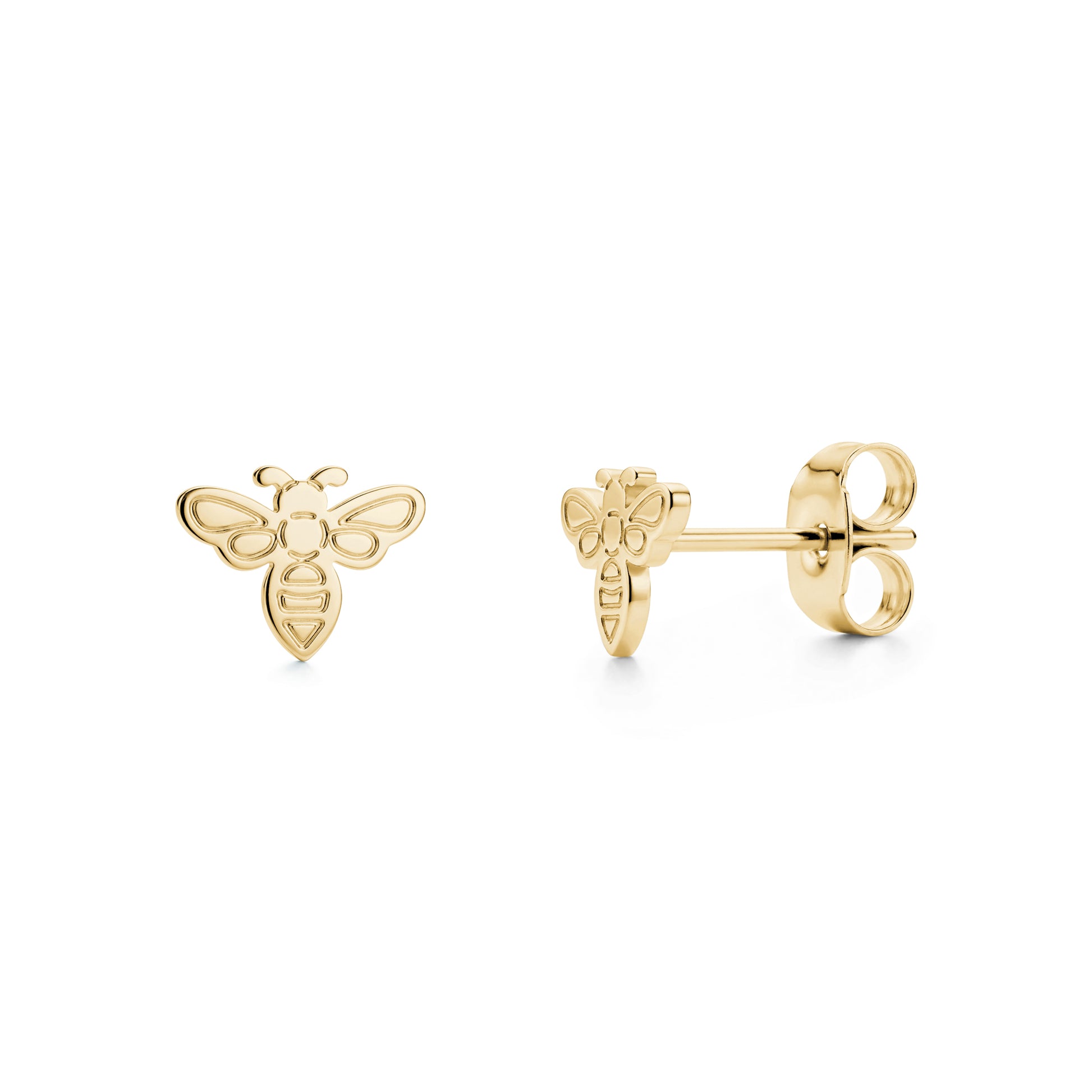 Gold minimal bee stud earrings front and side view