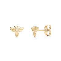 Gold minimal bee stud earrings front and side view