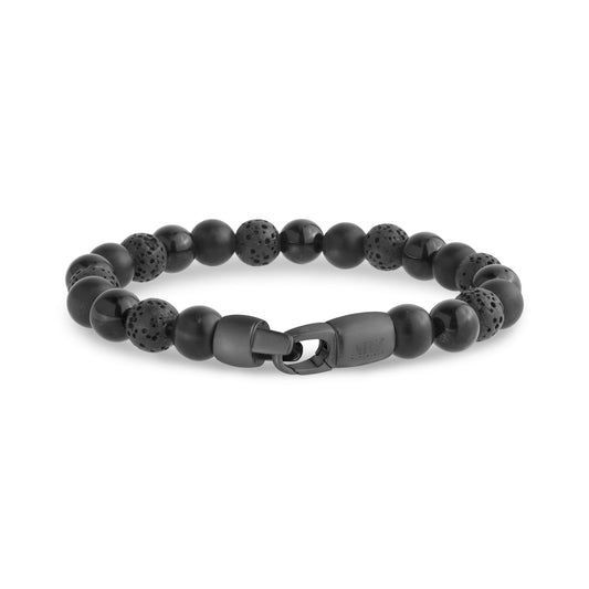 Side angle of black onyx round beads bracelet featuring alternating shiny, matte, and lava stone beads with gunmetal steel clasp