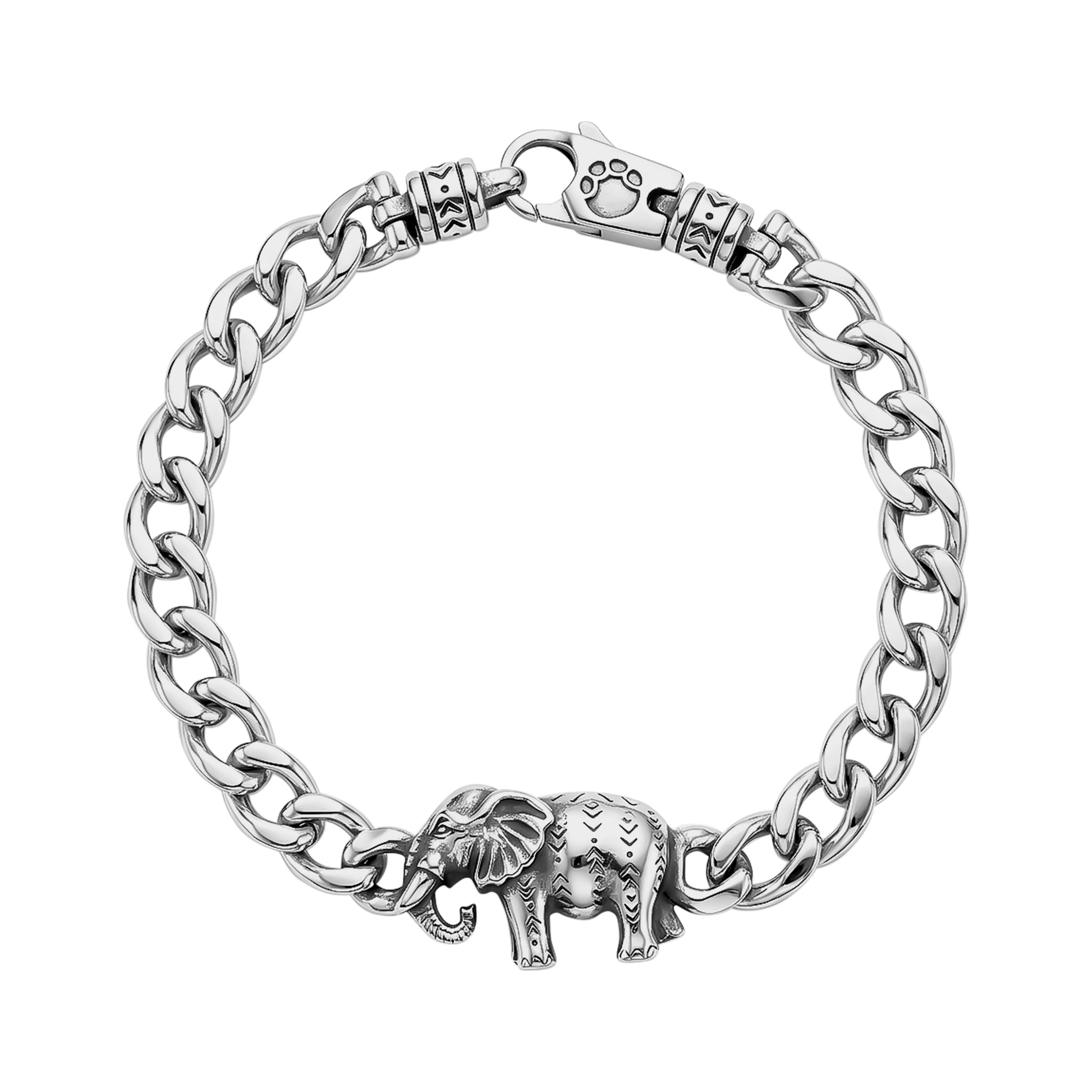 Top view of Savannah Elephant stainless steel men's bracelet showing detailed elephant charm and secure decorative clasp