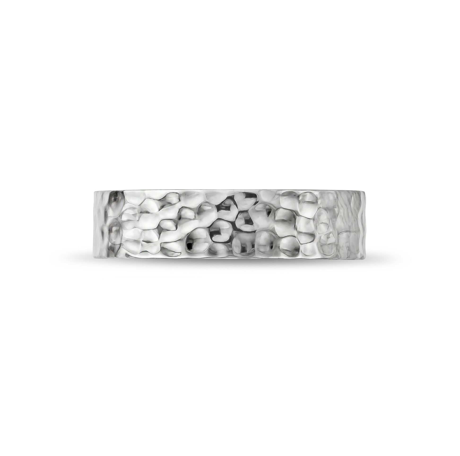 Silver 6mm hammered texture comfort fit wedding band angled view