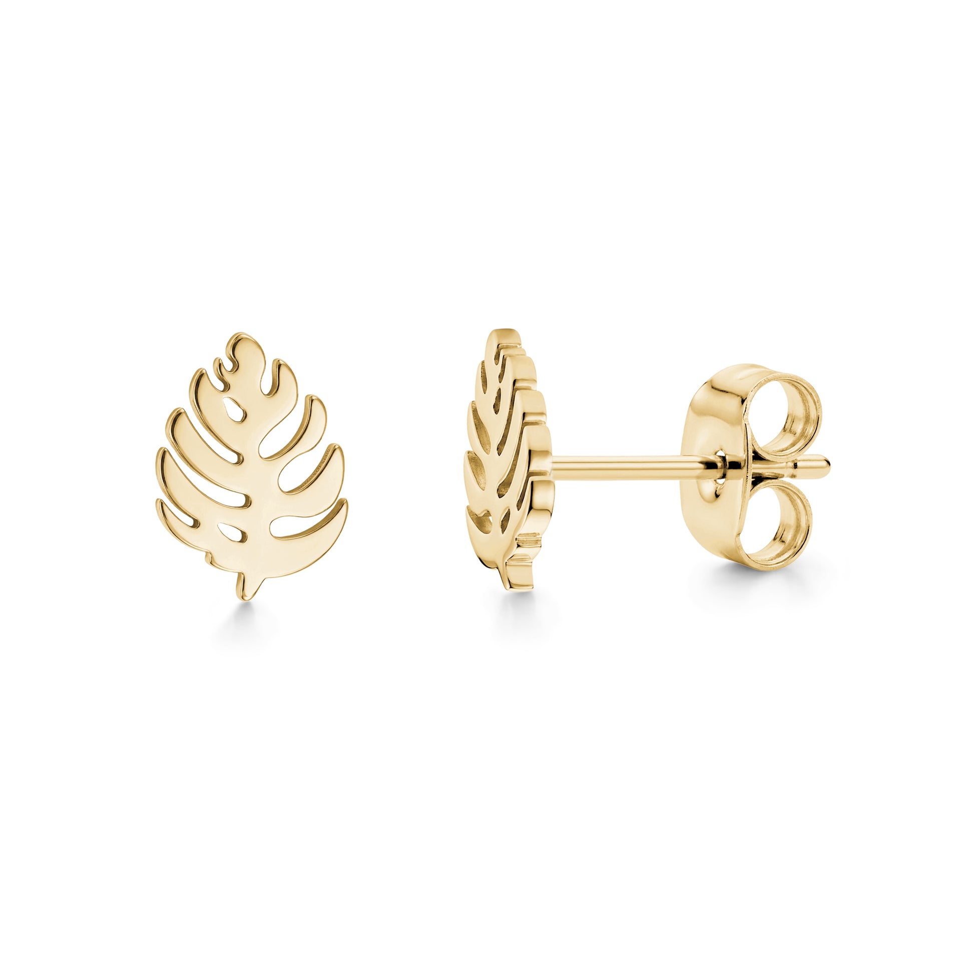 Gold minimal leaf stud earrings front and side view
