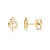 Gold minimal leaf stud earrings front and side view
