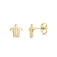 Minimal turtle stud earrings in polished gold stainless steel, front and side views