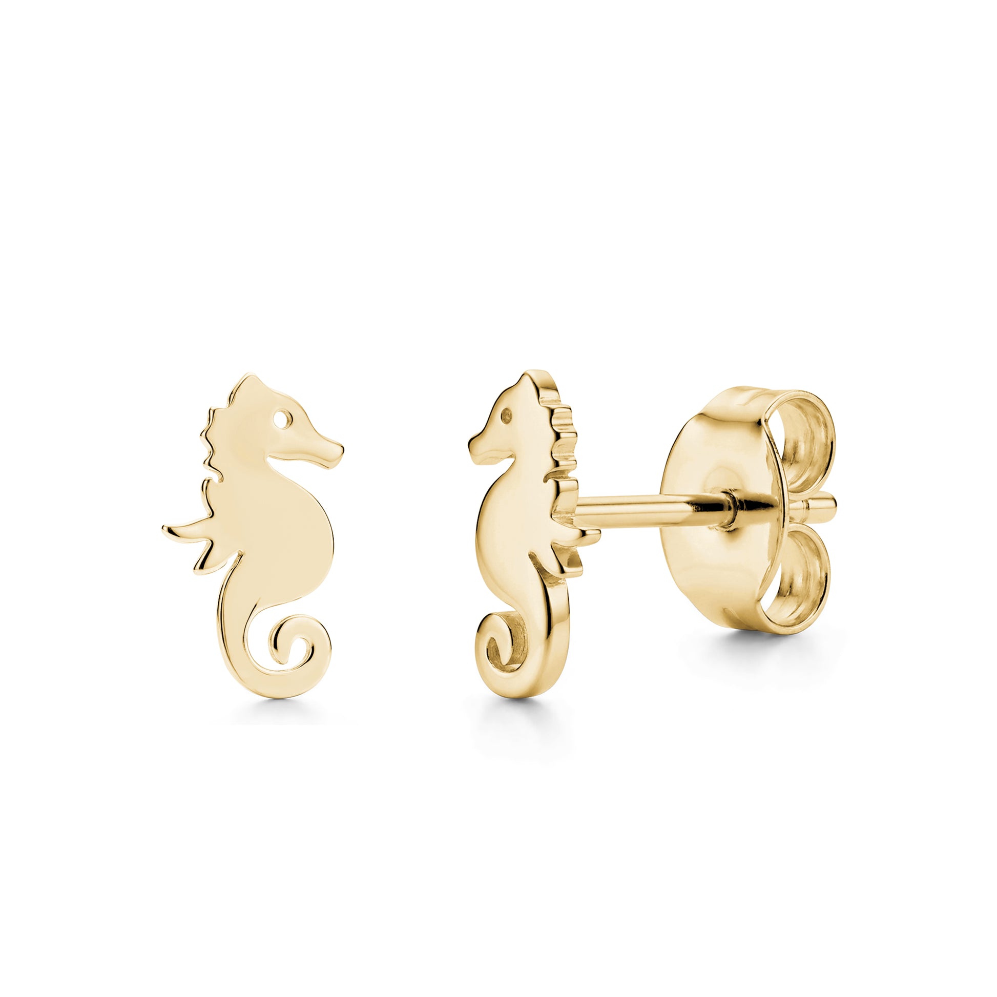 Gold stainless steel minimal seahorse stud earrings front and side view