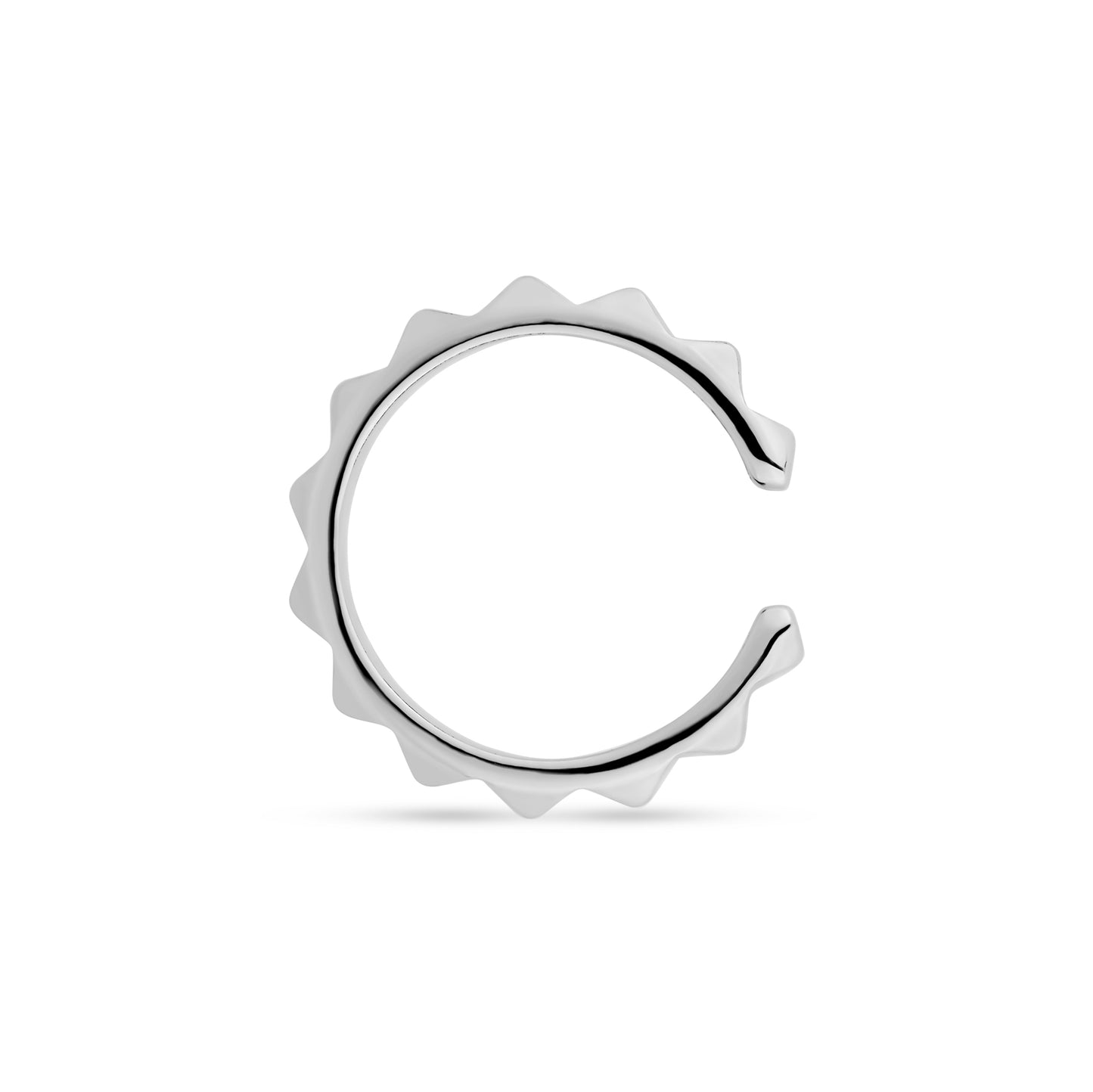 Top view of silver diamond cut stainless steel ear cuff showing textured pattern and open ends