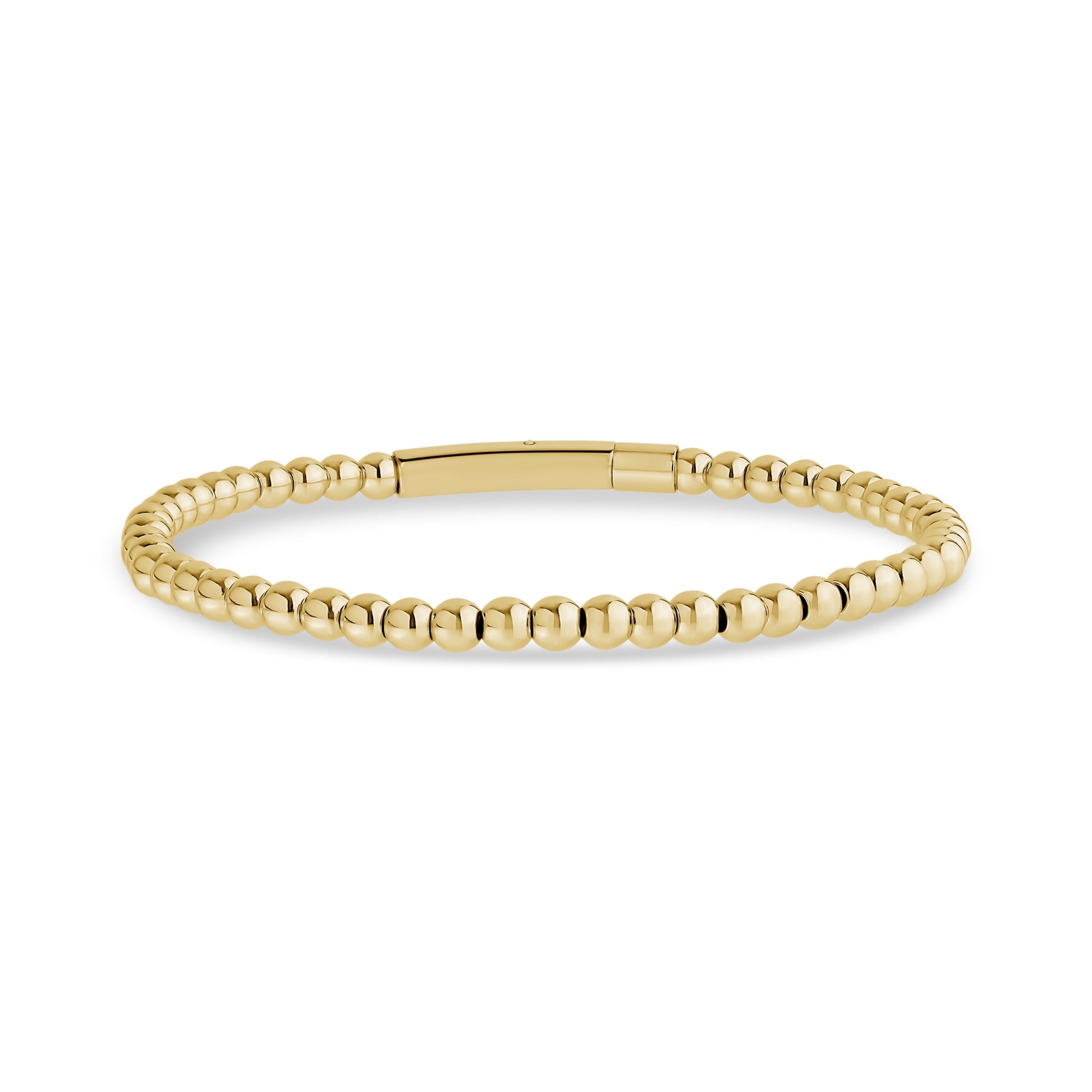 Gold-tone unisex stainless steel beaded bracelet featuring polished 4mm beads and engravable clasp