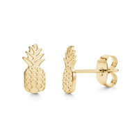 Gold stainless steel pineapple stud earrings front and side view