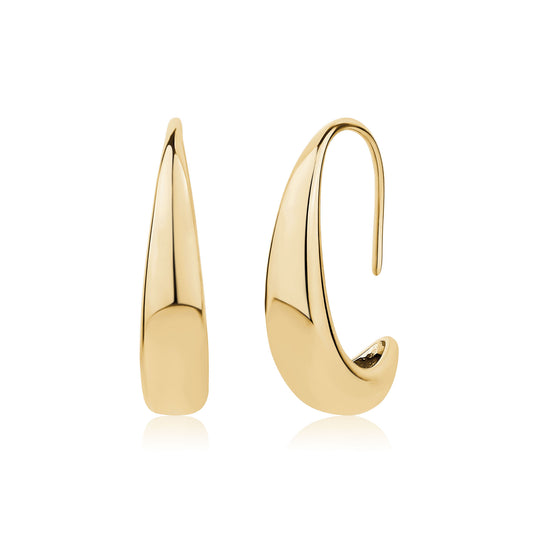Gold sculpted teardrop hook earrings with a glossy surface and smooth contour