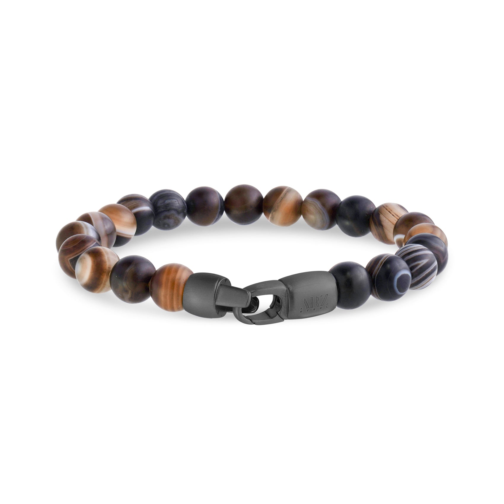 Close-up view of sardonyx beads and gunmetal clasp on bracelet showing detailed texture and secure clasp