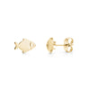 Gold stainless steel minimal fish-shaped stud earrings front and side view