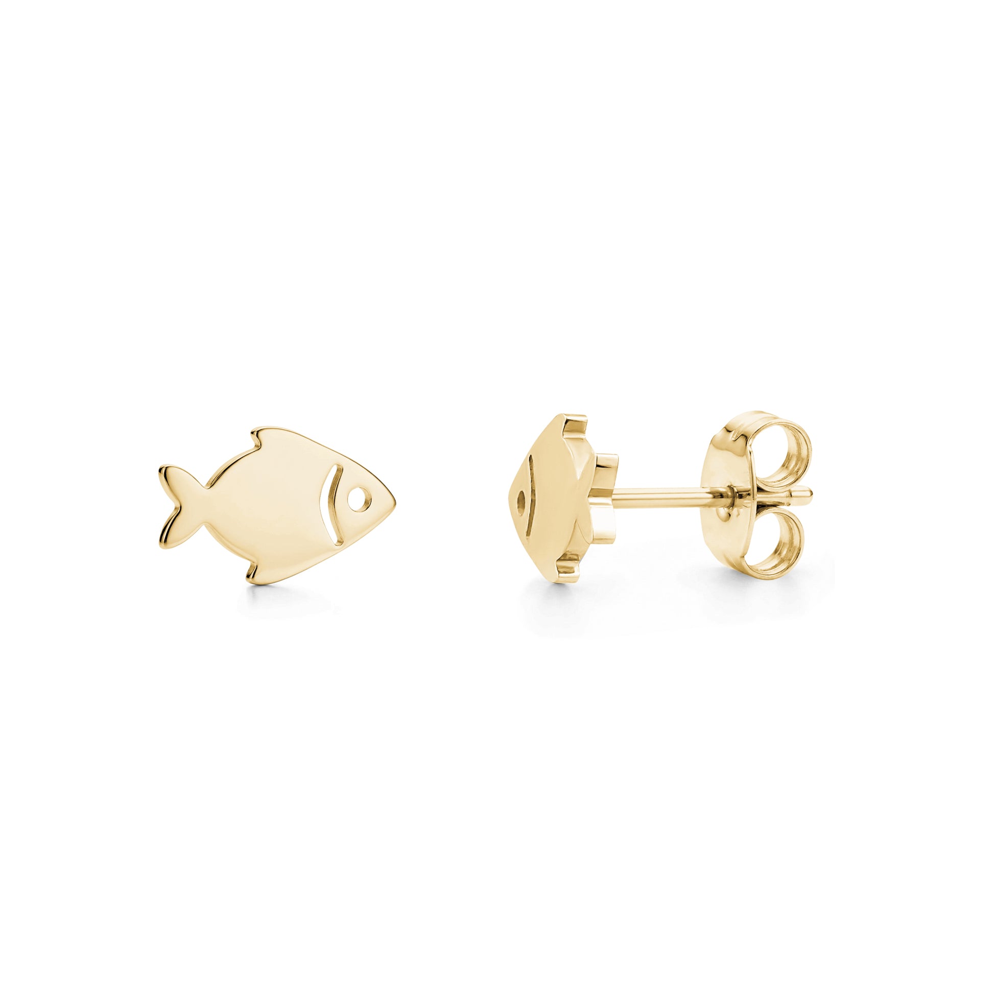 Gold stainless steel minimal fish-shaped stud earrings front and side view