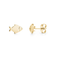 Gold stainless steel minimal fish-shaped stud earrings front and side view